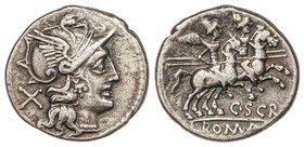 Republic. Denario. 154 a.C. SCRIBONIA-1. C. Scribonius Curio. Rev.: Dioscuros a caballo a derecha, debajo: C. SCR. En exergo: ROMA. 3,39 grs. AR. (Lev...