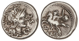 Republic. Denario. 116-115 a.C. SERGIA-1. M. Sergius Silus. Rev.: Jinete con espada a izquierda, en el campo cabeza de galo. Debajo Q/(M. S)ERGI. En e...