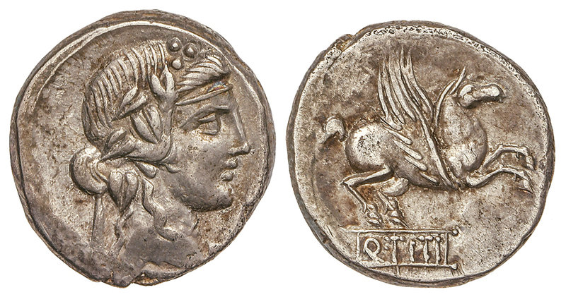 Republic. Denario. 90 a.C. TITIA-2. Q. Titius. Anv.: Cabeza de Baco joven a dere...