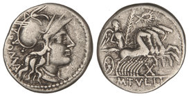 Republic. Denario. 120 a.C. TULLIA-1. M. Tullius. 3,82 grs. AR,. Cal-1317; FFC-1162. MBC.