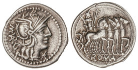 Republic. Denario. 130 a.C. VARGUNTEIA-1. Marcius Vargunteius. Anv.: Cabeza de Roma a derecha, delante c, detrás M. VARG. 3,94 grs. AR. Cal-1339; Craw...