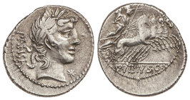 Republic. Denario. 90 a.C. VIBIA-2. C. Vibius C. f. Pansa. Anv.: Cabeza laureada de Apolo a derecha con rizos en la nuca, debajo de la barbilla símbol...