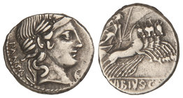 Republic. Denario. 90 a.C. VIBIA-2d. C. Vibius C. f. Pansa. Anv.: Cabeza laureada de Apolo a derecha, debajo de la barbilla símbolo ¿?, detrás PANSA. ...