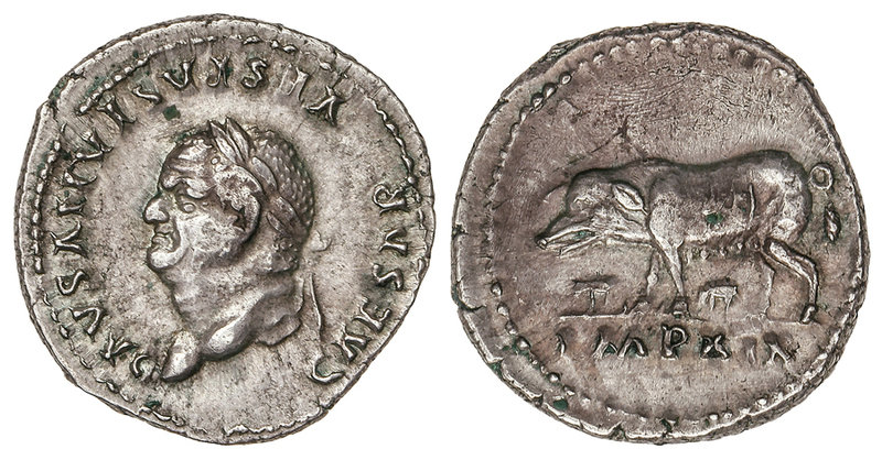 Empire. Denario. Acuñada el 77-78 a.C. VESPASIANO. Anv.: CAESAR VESPASIANVS AVG....