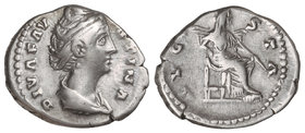 Empire. Denario. Acuñada posterior al 141 d.C. FAUSTINA MADRE. Anv.: DIVA FAVSTINA. Busto a derecha. Rev.: AVGVSTA. Juno sentada a derecha con cetro. ...