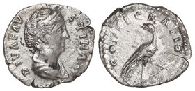 Empire. Denario. Acuñada posterior al 141 d.C. FAUSTINA MADRE. Anv.: DIVA FAVSTINA. Busto a derecha. Rev.: CONSECRATIO. Pavo Real a derecha, cabeza a ...