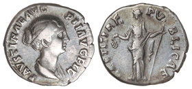 Empire. Denario. Acuñada el 175 d.C. FAUSTINA HIJA. Anv.: FAVSTINAE AVG. PII AVG. FIL. Busto a derecha. Rev.: LAETITIAE PVBLICAE. Alegría en pie a izq...