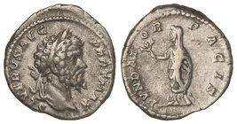 Empire. Denario. Acuñada el 202-210 d.C. SEPTIMIO SEVERO. Anv.: SEVERVS PIVS AVG. Cabeza laureada a derecha. Rev.: FVNDATOR PACIS. Septimio Severo en ...