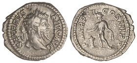 Empire. Denario. Acuñada el 201-210 d.C. SEPTIMIO SEVERO. Anv.: SEVERVS PIVS AVG. Cabeza laureada a derecha. Rev.: P. M. TR. P. XII COS. III P. P. Gen...