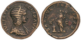 Empire. Sestercio. Acuñada el 215 d.C. JULIA DOMNA. Anv.: IVLIA PIA FEL. AVG. Busto diademado y drapeado a derecha. Rev.: SAECVLI FELICITAS. Felicitas...
