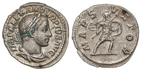 Empire. Denario. Acuñada el 231-235 d.C. ALEJANDRO SEVERO. Anv.: IMP. ALEXANDER DIVI AVG. Busto laureado, drapeado, acorazado a derecha. Rev.: MARS VL...