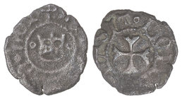 Kingdom of Navarra. 1/2 Cornado. CATALINA y JUAN. Anv.: ¶(SIT...)N. DOM. Corona entre círculos. Rev.: ¶SIT.NOM(...). Cruz interior. 0,79 grs. Ve. INÉD...