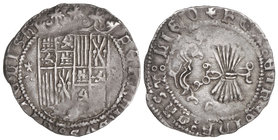 Ferdinand and Isabella. 1 Real. GRANADA. Anv.: Armiño - Escudo - Armiño. Rev.: G. 3,28 grs. Pátina. Cal-318. MBC.