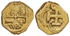 Philip III. 2 Escudos. 6,83 grs. Fecha, ceca y ensayador no visibles. Probablemente acuñada en el reinado de Felipe III. (Sirvió como joya). (BC+).