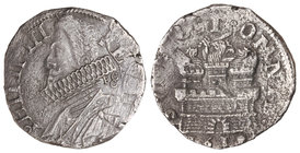 Philip III. 15 Granos. 1619. NÁPOLES. F.C.C. 3,58 grs. AR. (Oxidaciones limpiadas). Vti-228. MBC.