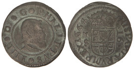 Philip IV. 16 Maravedís. 1664. MADRID. S. Anv.: M/S - Escudo - 16 entre puntos, horizontal. 4,23 grs. Pátina verde. Cal-1405. MBC-/MBC.
