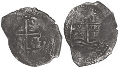 Philip IV. 8 Reales. 1663. POTOSÍ. E. 20,77 grs. Una fecha visible. (Oxidaciones). Pátina oscura. Cal-452. MBC-.
