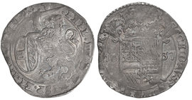 Philip IV. 1 Escalín. 1637. DOLE. BORGOÑA. 4,61 grs. AR. Pátina irisada. Van Houdt-649 var. fecha. MBC-.