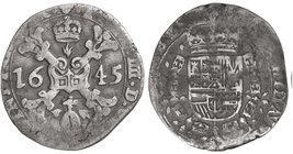 Philip IV. 1/4 Patagón. 1645. BRUSELAS. BRABANTE. 6,77 grs. AR. Pátina. Van Houdt-647.BS; Vti-677. MBC-.