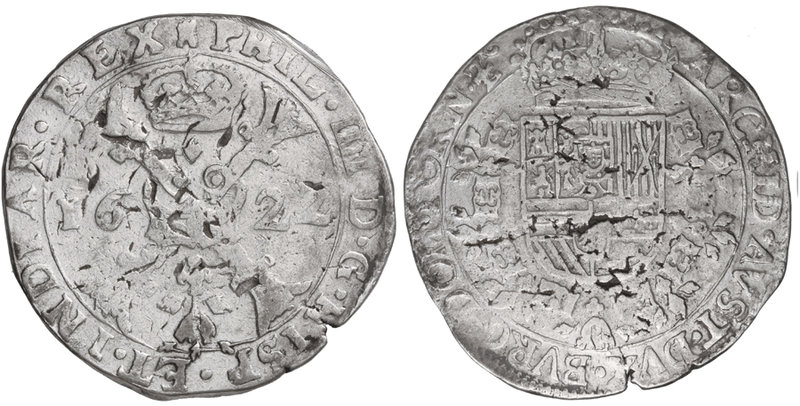 Philip IV. 1 Patagón. 1622. TOURNAI. 27,62 grs. AR. (Hojas y grieta). Van Houdt-...