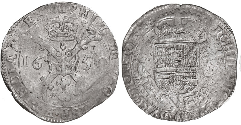 Philip IV. 1 Patagón. 1650. TOURNAI. 27,47 grs. AR. (Rayitas. Leves hojitas). Va...