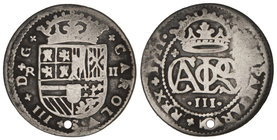 Charles III, Pretender. 2 Reales. 1711. BARCELONA. 4,25 grs. (Perforación). Cal-27. MBC-.