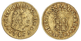 Philip V. 1/2 Escudo. 1746. MADRID. A.J. 1,74 grs. Última fecha de este reinado. (Probablemente descolgada. Metal poroso en anverso. Golpecitos). MUY ...