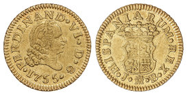 Ferdinand VI. 1/2 Escudo. 1755. MADRID. J.B. 1,78 grs. (Leves rayitas de ajuste en anverso). Restos de brillo original. Cal-252. EBC-.