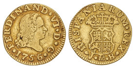 Ferdinand VI. 1/2 Escudo. 1756. MADRID. J.B. 1,54 grs. (Probablemente ha estado en aro). Cal-253. MBC-.