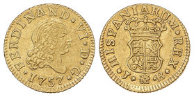 Ferdinand VI. 1/2 Escudo. 1757. MADRID. J.B. 1,76 grs. (Levísimas rayitas de ajuste en anverso). Brillo original. Cal-255. EBC.