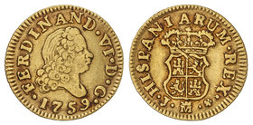 Ferdinand VI. 1/2 Escudo. 1759. MADRID. J*. 1,74 grs. (Rayita en reverso). Cal-258. MBC.