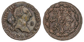 Charles III. 1 Maravedí. 1775/4. SEGOVIA. 1,01 grs. (Leves rayitas y leves restos de barniz). Cal-1929. MBC+.