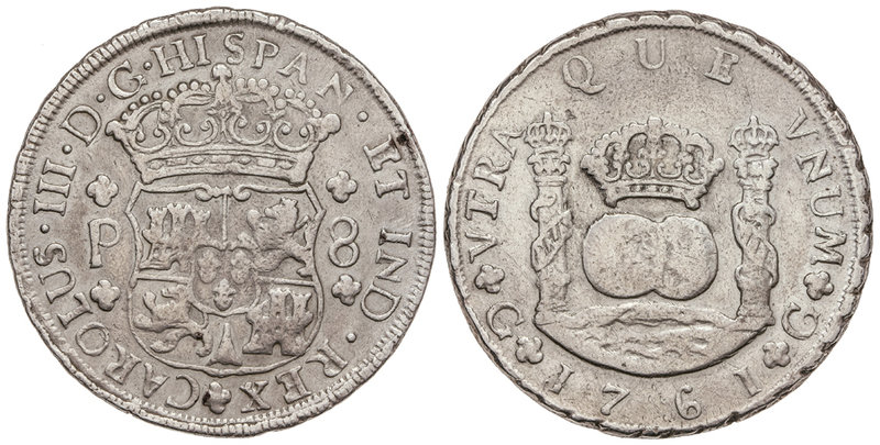 Charles III. 8 Reales. 1761. GUATEMALA. P. 26,53 grs. Columnario. RARA. Cal-810....