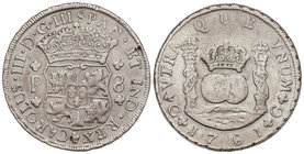Charles III. 8 Reales. 1761. GUATEMALA. P. 26,53 grs. Columnario. RARA. Cal-810. MBC-.