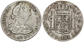 Charles III. 8 Reales. 1787. LIMA. M.I. 26,60 grs. (Oxidaciones limpiadas). Cal-871. MBC-.