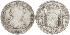 Charles III. 8 Reales. 1789. MÉXICO. F.M. 26,60 grs. (Golpecitos). ESCASA. Cal-944. MBC-.