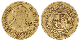 Charles III. 1/2 Escudo. 1772. MADRID. P.J. 1,68 grs. (Golpecitos en anverso). Resello flor de 4 pétalos. Cal-766. MBC-.