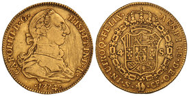 Charles III. 4 Escudos. 1774/3. SEVILLA. C.F. 13,48 grs. Sobrefecha solo visible en la parte superior del 4. (Rayas en anverso). Cal-No cat.; VS-1563 ...
