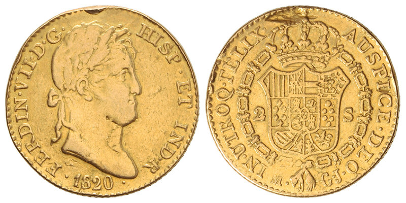 Ferdinand VII. 2 Escudos. 1820. MADRID. G.J. 6,61 grs. (Colgada, con falta de me...