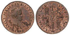 Elisabeth II. 2 Maravedís. 1842. SEGOVIA. 2,08 grs. Restos de brillo y color originales. Pátina irregular. Cal-554. SC.
