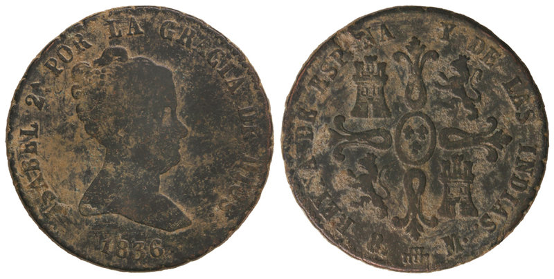 Elisabeth II. 8 Maravedís. 1836. SEGOVIA. 10,73 grs. RARA. Cal-491. BC-/MBC-.