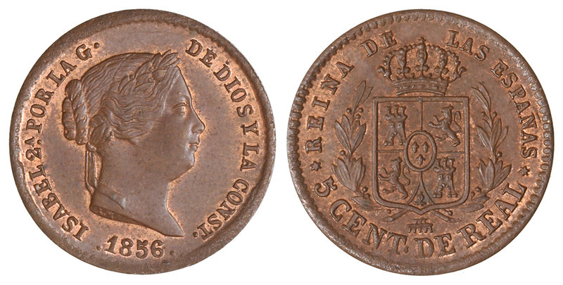 Elisabeth II. 5 Céntimos de Real. 1856. SEGOVIA. 1,75 grs. Restos de brillo y co...