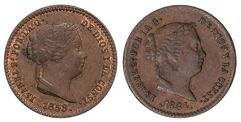 Elisabeth II. Lote 2 monedas 5 Céntimos de Real. 1859 y 1864. SEGOVIA. 2,01 y 1,...