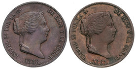 Elisabeth II. Lote 2 monedas 25 Céntimos de Real. 1858 y 1861. SEGOVIA. 8,90 grs. Cal-593, 596. EBC-.