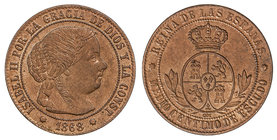 Elisabeth II. 1/2 Céntimo de escudo. 1868. SEVILLA. O.M. 1,3 grs. Brillo y color original. Cal-680. SC.