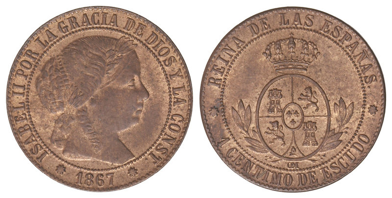 Elisabeth II. 1 Céntimo de Escudo. 1867. BARCELONA. O.M. 2,50 grs. Cal-654. SC-....