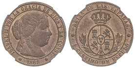 Elisabeth II. 1 Céntimo de Escudo. 1868. BARCELONA. O.M. Encapsulada por NN Coins (nº 2762875-160) como MS 64. Brillo original. Cal-655. SC.