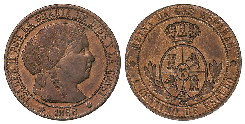 Elisabeth II. 1 Céntimo de Escudo. 1868. BARCELONA. O.M. Cuño algo empastado en ...