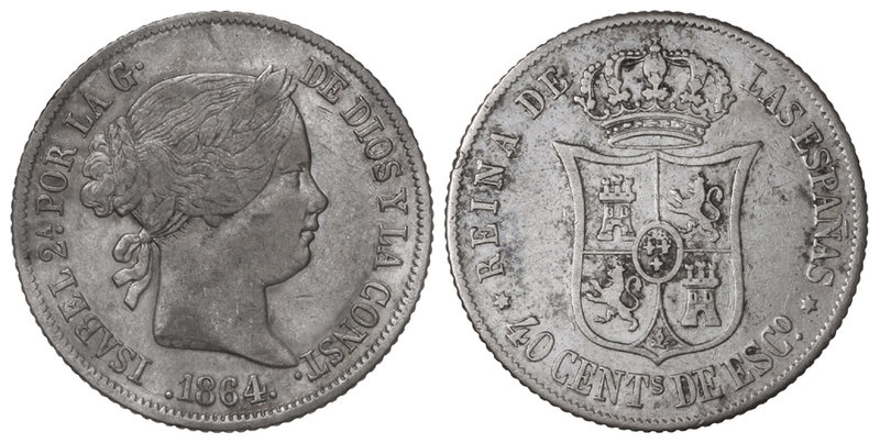 Elisabeth II. Lote 3 monedas 40 Céntimos de Escudo. 1864 y 1865 (2). MADRID. (18...