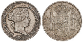 Elisabeth II. 1 Escudo. 1867. MADRID. 12,90 grs. (Leves rayitas). Pátina. Cal-253. (EBC).